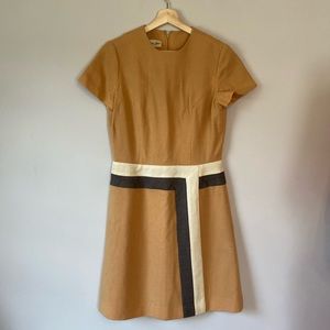 Vintage 50’s MCM Alison Ayres Tan Tweed Hopsacking Linen Rayon Sheath Midi Dress